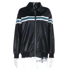 Zip-up long sleeve turnover collar PU leather top