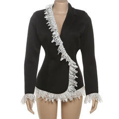 Long sleeve turnover collar lace hem button top