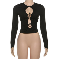 Long sleeve hollow out ruched crewneck cut out top