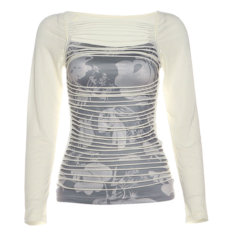 Long sleeve print hollow out contrast cut out top