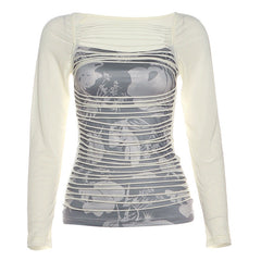 Long sleeve print hollow out contrast cut out top