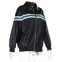 Zip-up long sleeve turnover collar PU leather top