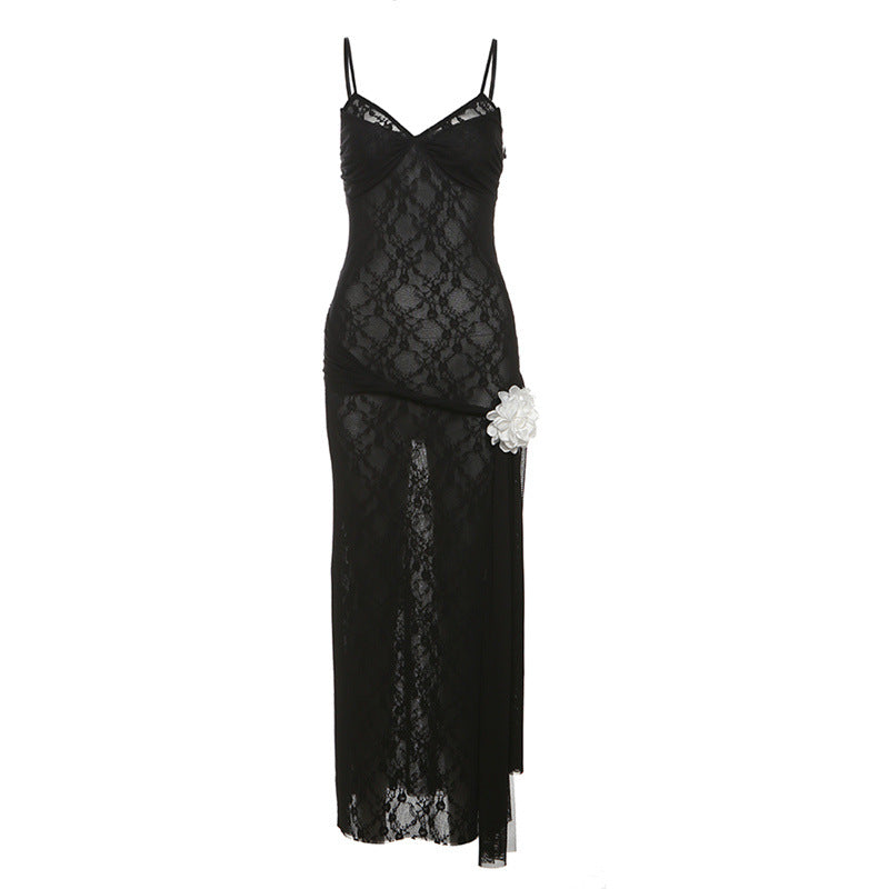 Mesh v neck flower applique cami maxi dress