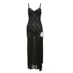Mesh v neck flower applique cami maxi dress