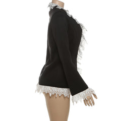 Long sleeve turnover collar lace hem button top