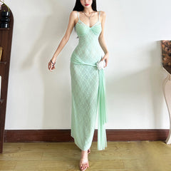 Mesh v neck flower applique cami maxi dress