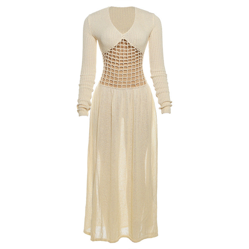 Hollow out v neck long sleeve knitted cut out maxi dress