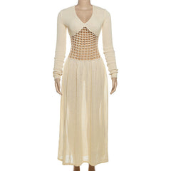 Hollow out v neck long sleeve knitted cut out maxi dress