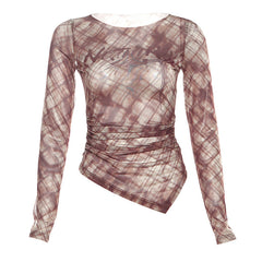Plaid crewneck long sleeve irregular ruched top