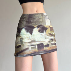 Contrast kitty print mini skirt