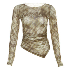 Plaid crewneck long sleeve irregular ruched top