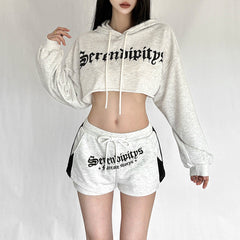Hoodie drawstring long sleeve letter pattern top