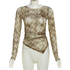 Plaid crewneck long sleeve irregular ruched top