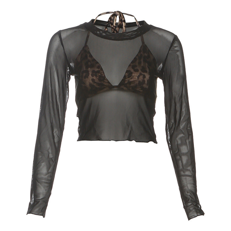 Mesh crewneck long sleeve halter self tie top