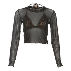 Mesh crewneck long sleeve halter self tie top