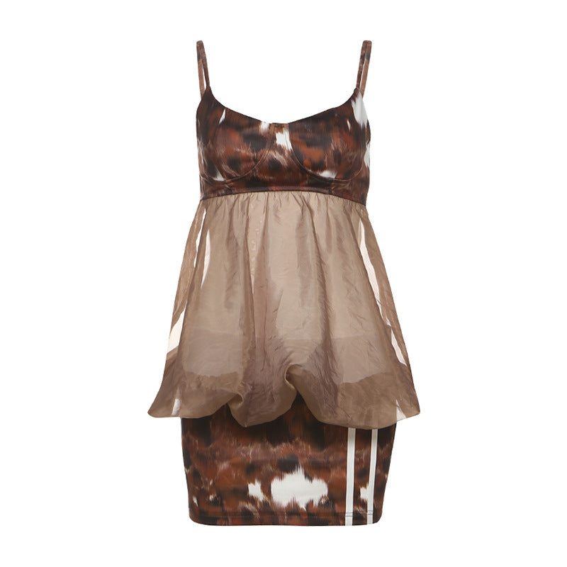 Ruched u neck print backless cami mini dress