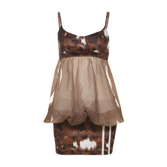Ruched u neck print backless cami mini dress
