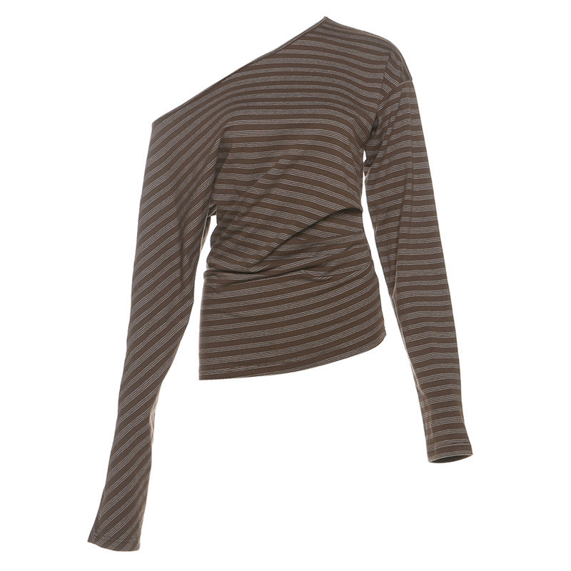 Long sleeve striped one shoulder ruched top