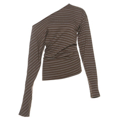 Long sleeve striped one shoulder ruched top