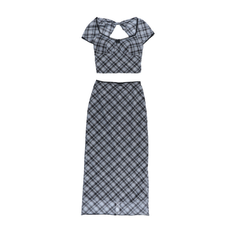 Plaid bowknot slit short sleeve mini skirt set