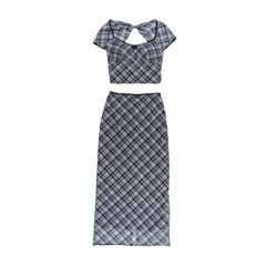 Plaid bowknot slit short sleeve mini skirt set