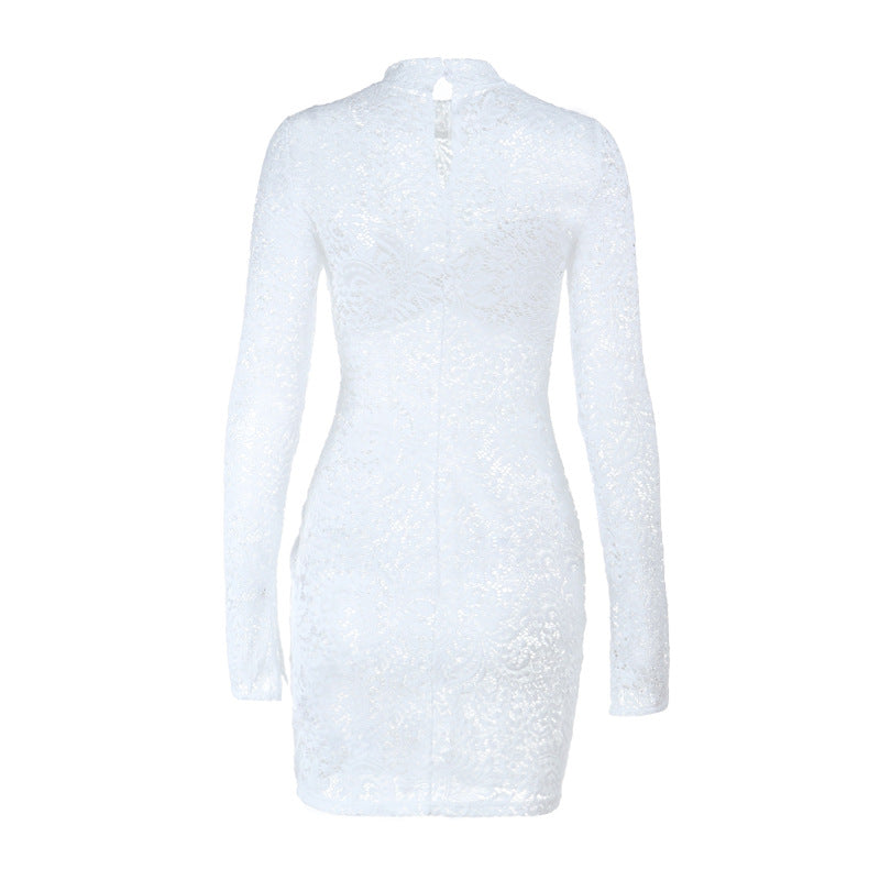 Long sleeve lace see through ruched mini dress