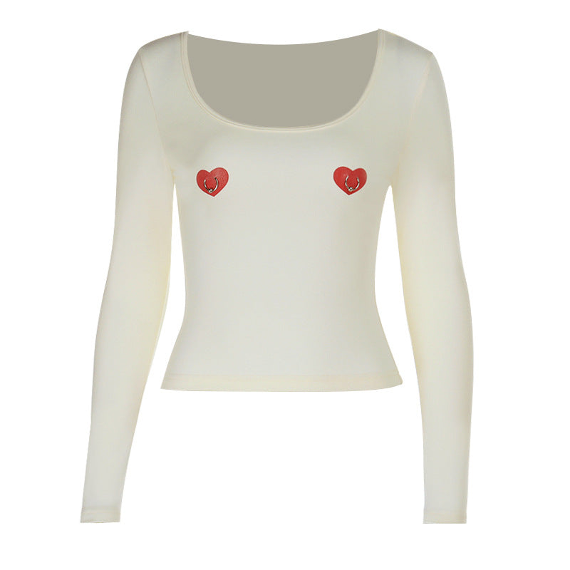 U neck long sleeve sweetheart print o ring top