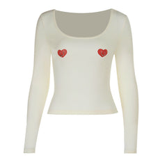 U neck long sleeve sweetheart print o ring top