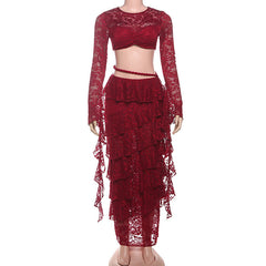 Long sleeve lace crewneck hollow out maxi skirt set