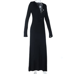 V neck long sleeve button ruched maxi dress