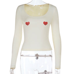 U neck long sleeve sweetheart print o ring top