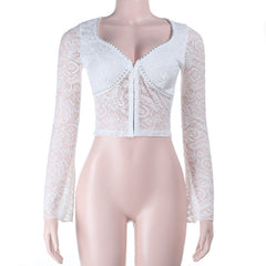 V neck button long sleeve lace top