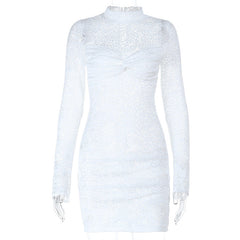 Long sleeve lace see through ruched mini dress