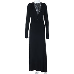 V neck long sleeve button ruched maxi dress