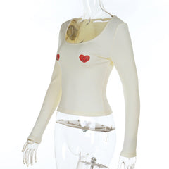 U neck long sleeve sweetheart print o ring top