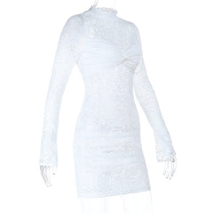 Long sleeve lace see through ruched mini dress