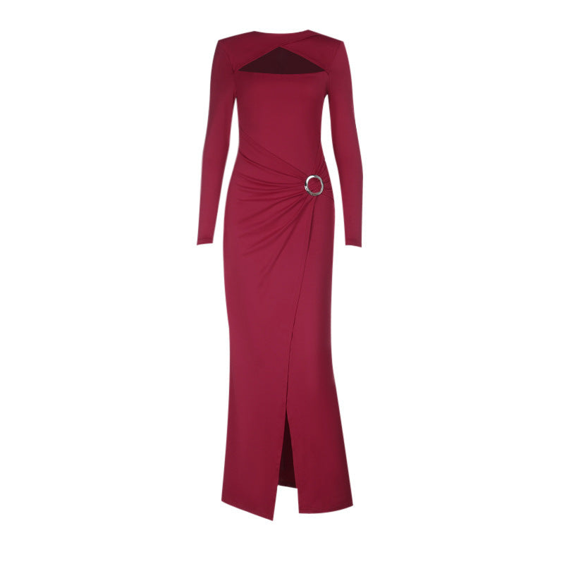 Long sleeve hollow out o ring slit cut out maxi dress