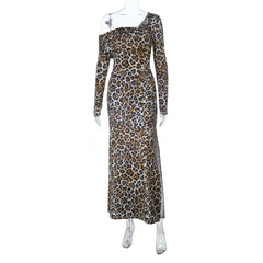 Leopard print one shoulder long sleeve slit maxi dress