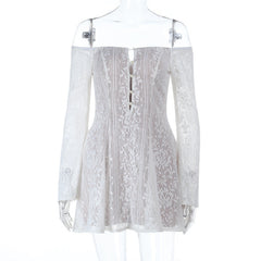 Off shoulder button hollow out cut out mini dress
