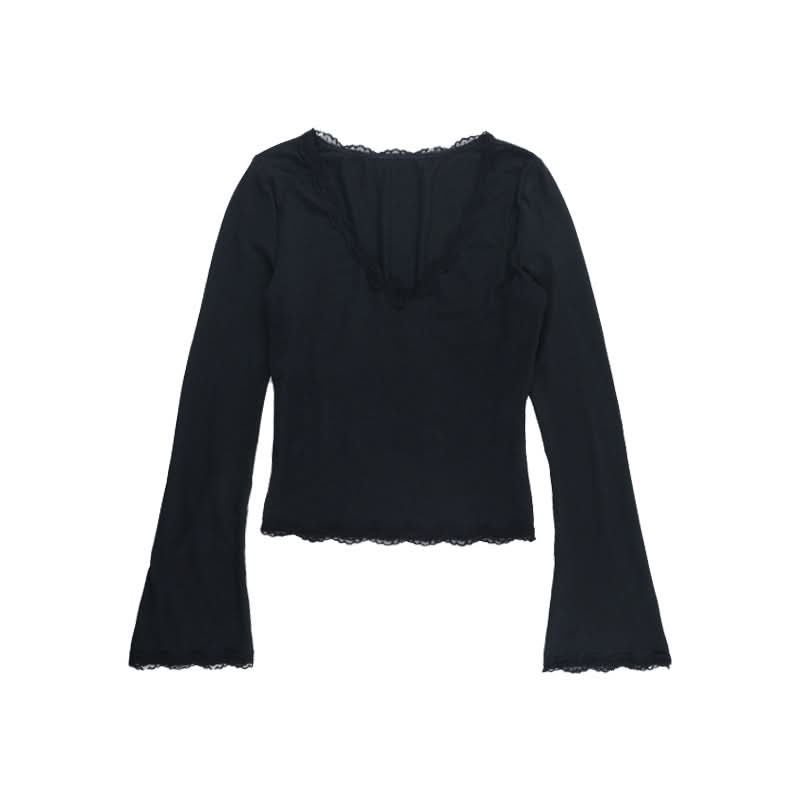 V neck long sleeve lace hem solid top