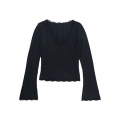 V neck long sleeve lace hem solid top