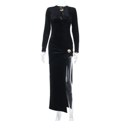 Long sleeve hollow out velvet slit cut out maxi dress