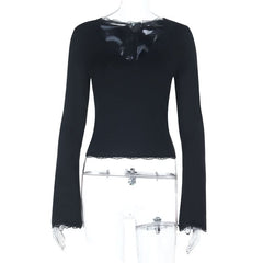 V neck long sleeve lace hem solid top