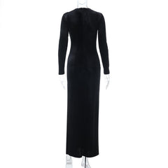 Long sleeve hollow out velvet slit cut out maxi dress