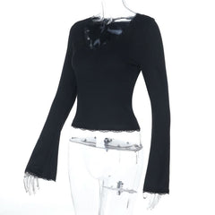 V neck long sleeve lace hem solid top