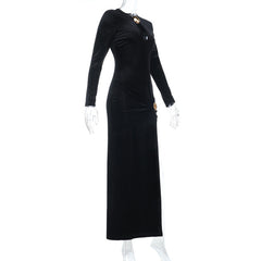 Long sleeve hollow out velvet slit cut out maxi dress