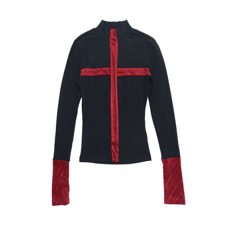 High neck cross pattern long sleeve top