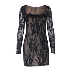 Square neck long sleeve lace mini dress