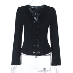 V neck button long sleeve lace hem top