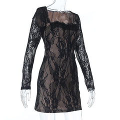 Square neck long sleeve lace mini dress